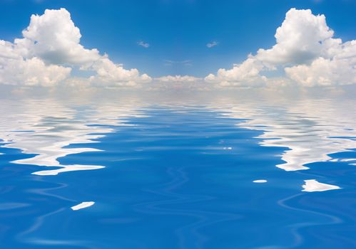 Blue sky with fluffy clouds reflected on water surface.