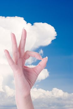 Woman hand doing an ok gesture against blue sky with cloud.