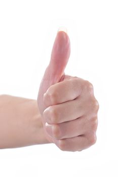 Woman hand doing an ok gesture on white background. Thumbs up.