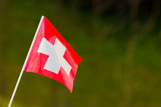 Small Swiss flag on a pole with blurred green background