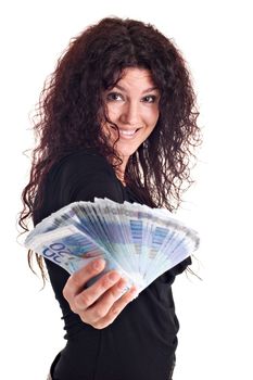 A beautiful brunette showing a lot of money. White background.