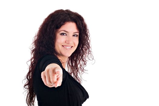 Portrait of beautiful brunette woman smiling, pointing at you.