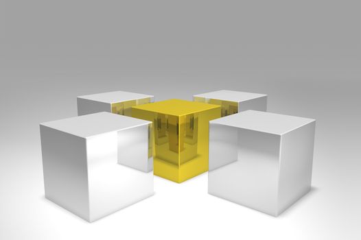 3D render. Golden cube surrounded by silver cubes. Metal surface.