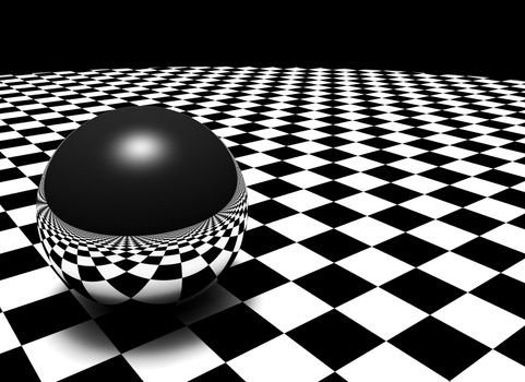 Metal sphere on checkered floor.