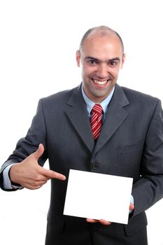 young businessman pointing to white board