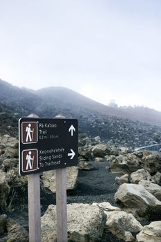 Sign at Haleakala National Park indicating trail to Pa Ka'oao, Keonehe'ehe'e and Sliding Sands.