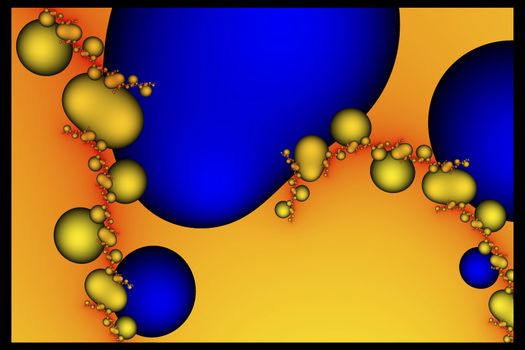 Large blue bubble shapes connected by aseries of smaller yellow bubbles along a red line.  All set against a yellow background