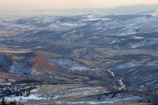 hazy winter view of foothills and Rocky Mountains in Colorado west of Fort Collins showing Big Thompson Project supply canal (transmountain water diversion) and Carter Lake