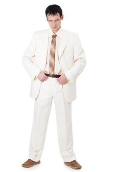 Stern businessman in a light suit on white background