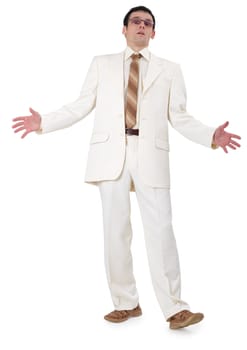 A very surprised man in a suit, isolated on a white background