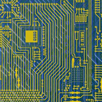 Circuit board electronic golden - blue square background