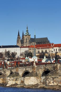 Hradcany - cathedral of St Vitus in Prague castle and Charles bridge. Prague, Czech republic, Europe. 