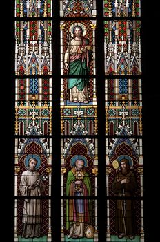 Detail of the color window - bullseye pane - lattice window. Public national monument - cathedral of St Vitus, Prague, Czech republic, Europe.