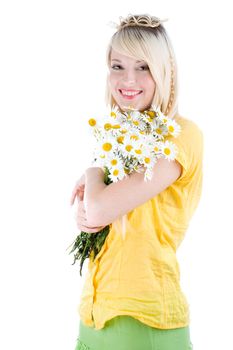Young blond sexy woman with bunch of daisies