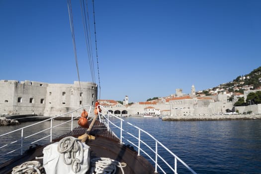 The bow of a ship with a blue sky beyond