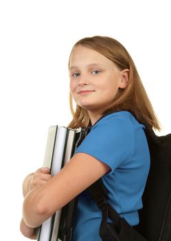 girl ready for school with books and laptop