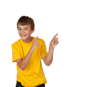 a boy pointing to the white copyspace