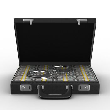 Criminal money in suitcase. Isolated 3D image