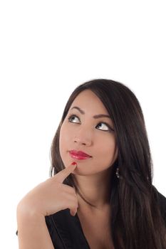 Studio shot of beautiful sexy young asian woman looking up wondering, isolated on white