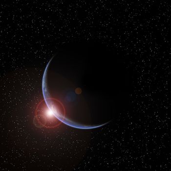 Planet with Rising Sun on starry sky background