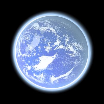 The blue planet with fine layer atmosphere on black background.
