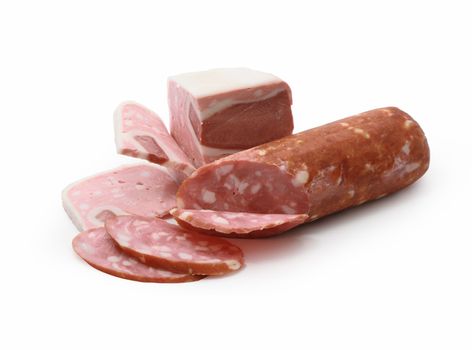 Various sliced sausage isolated on white background with clipping path