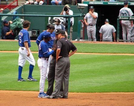 Texas Rangers Coach, Ron Washington, argues with the umpire in a game against the Seattle Mariners May, 2008 in Ranger Stadium, Arlington, Texas.
