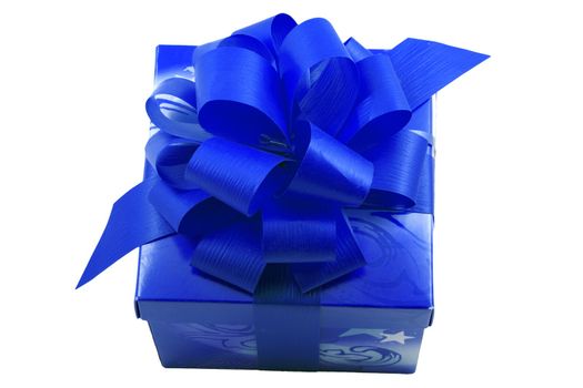 a blue present with a blue ribbon isolated on the white background