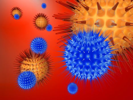 High resolution 3D render. Viruses versus Immune System.