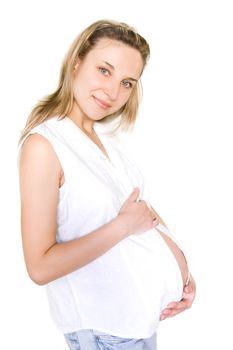 Pregnant woman over white, third trimester