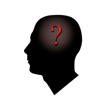 A question mark inside of a man's head.
