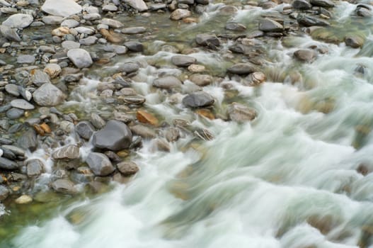 Blurred view of water flowing over stones