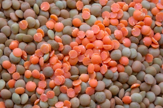 macro pattern of mix of red and green lentil. Asian food
