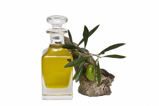 Olive oil bottle witn olives and olive branches isolated on white background.