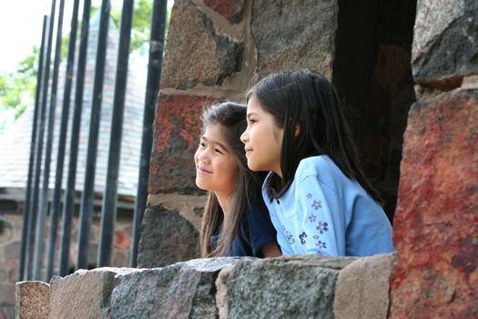 Two little girls looking out over stone wall