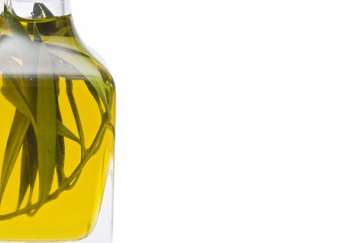 Olive oil bottle witn olives and olive branches isolated on white background.