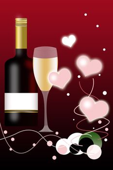 Valentines Day Background and Wine Bottle with Blank Label Illustration. 