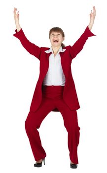 Jubilant young woman in a red business suit