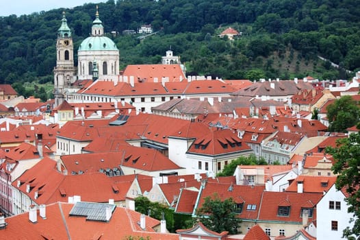 view of red roofs in Prague in Czech Republic