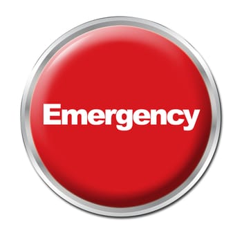 a round red button with a word Emergency