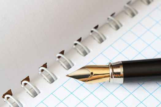 Closeup of nice modern fountain pen lying on open spiral notebook