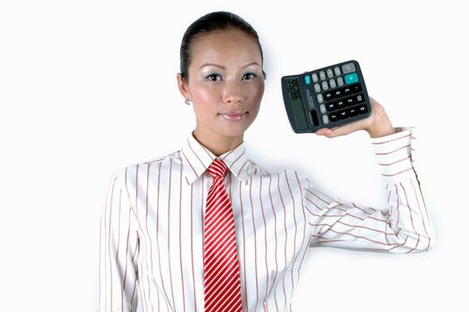 Pretty Chinese office girl, holding calculator, counting digits.