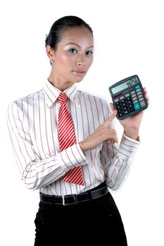 Charming Chinese girl calculating money on calculator, wearing shirt and tie.