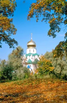 Cathedral and red autumn leaves in sunny day