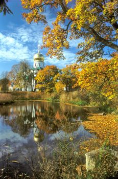 Picturesque view of the church and its reflection