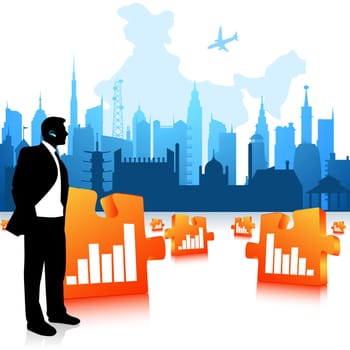 business man communicating, city background, jigsaw graph bars