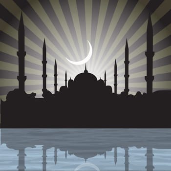 silhouette of a mosque with rays, moon background