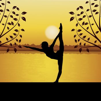 human doing yoga with river and sun background