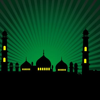 silhouette of a mosque with green rays background