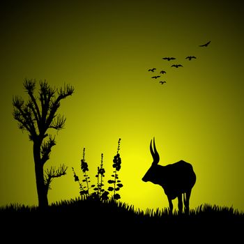 silhouette of a deer with jungle landscape
